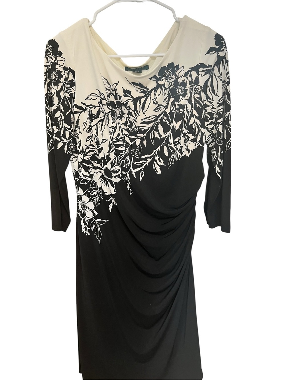 Ralph Lauren Black & Cream Floral Draped Long-Sleeve Women’s Dress